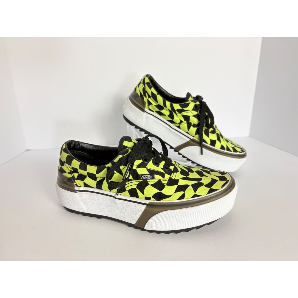 Vans Era Stacked Warp Neon Green & Black Checkered Platform Shoes Women Size 7